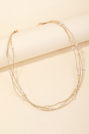 Layered Pearly Beaded Metallic Rope Chain Necklace