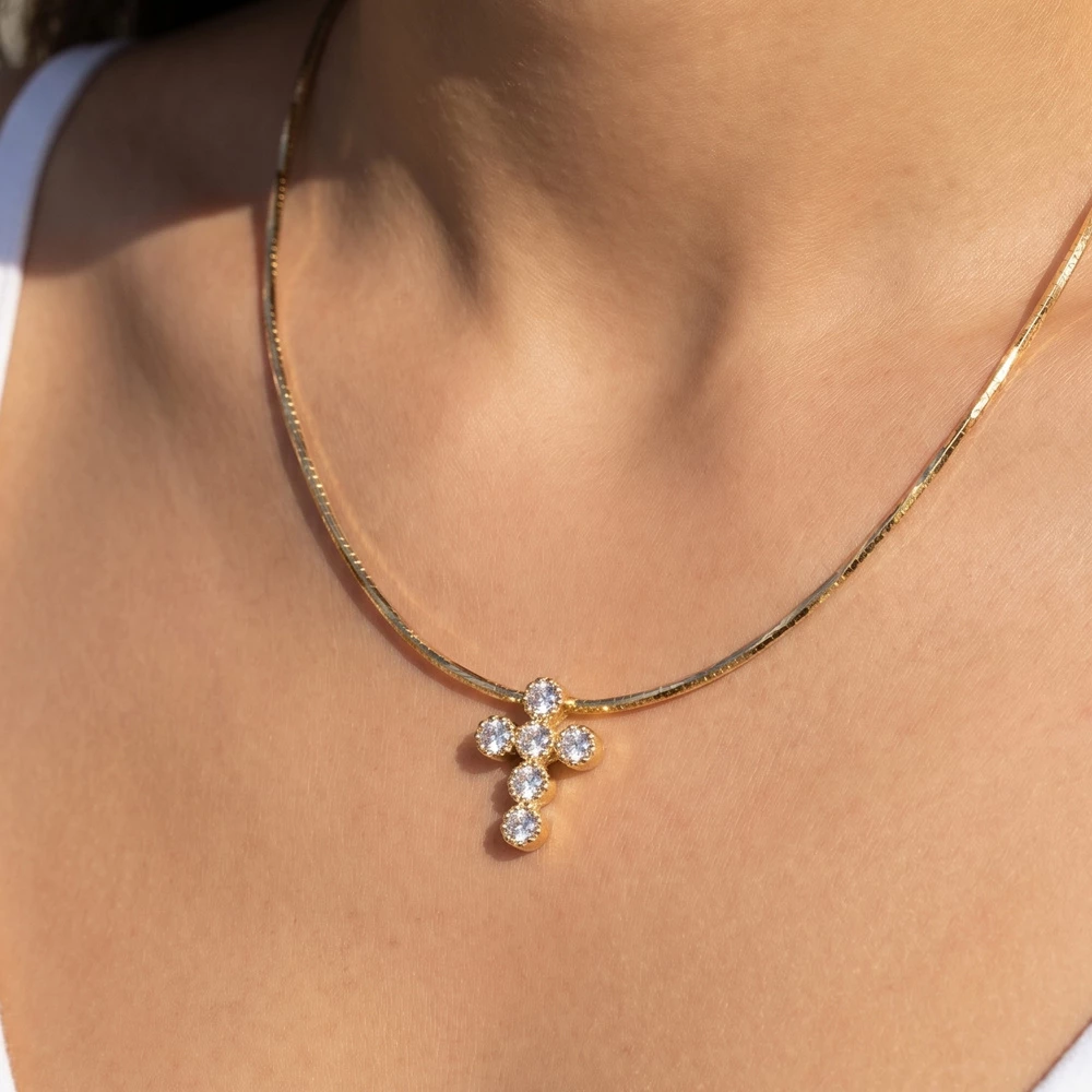 Cz Cross Pendant Herringbone Chain Necklace