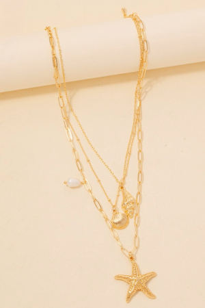 Mixed Sea Shells And Pearl Charms Layered Chain Necklace