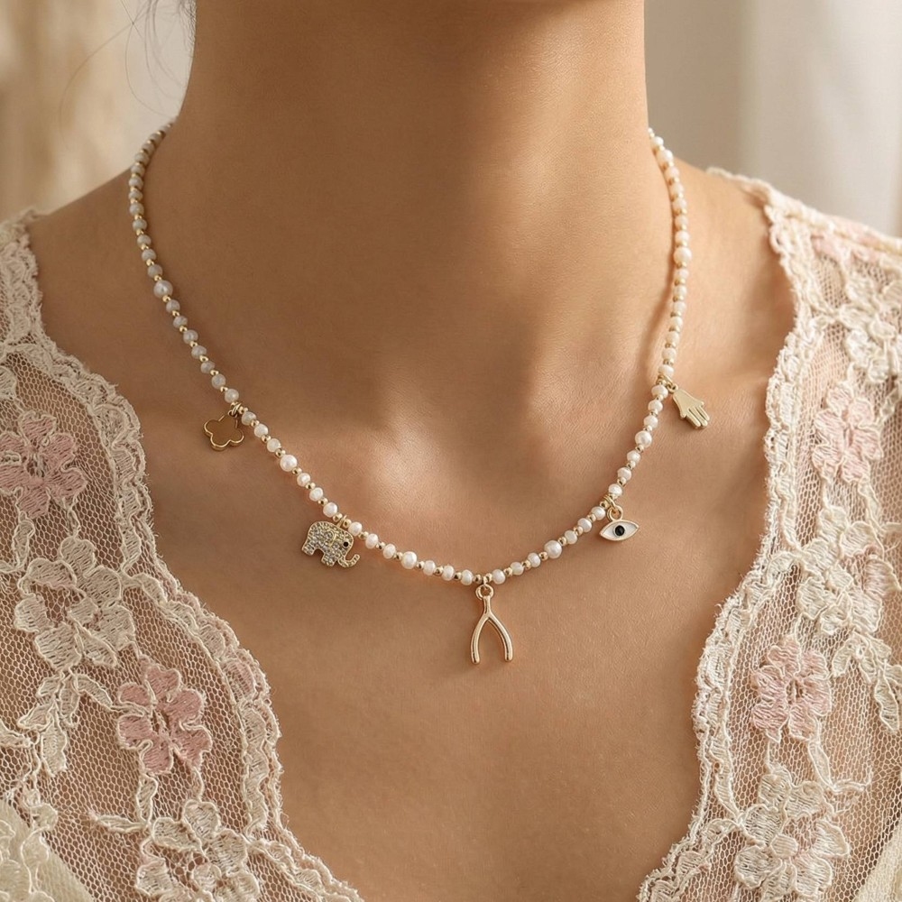 Cz Elephant Wishbone Clover And Hamsa Charms Beaded Necklace