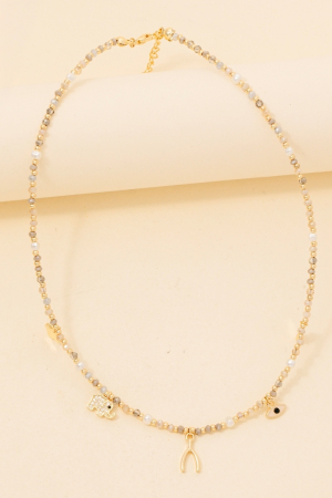 Cz Elephant Wishbone Clover And Hamsa Charms Beaded Necklace