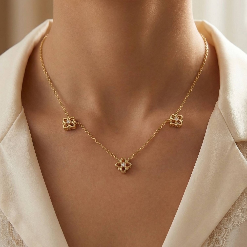 Cubic Zirconia Triple Flower Station Chain Necklace