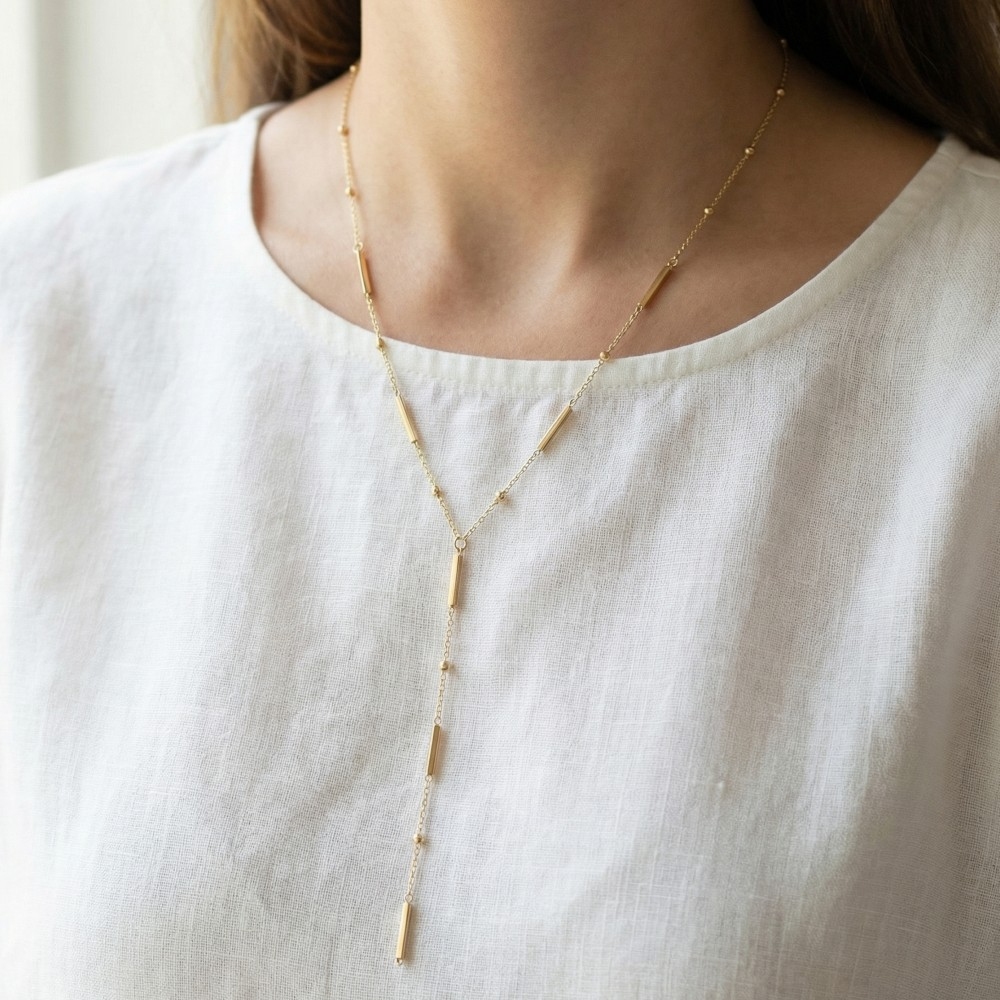 Metallic Station Bar Charms Y Chain Necklace