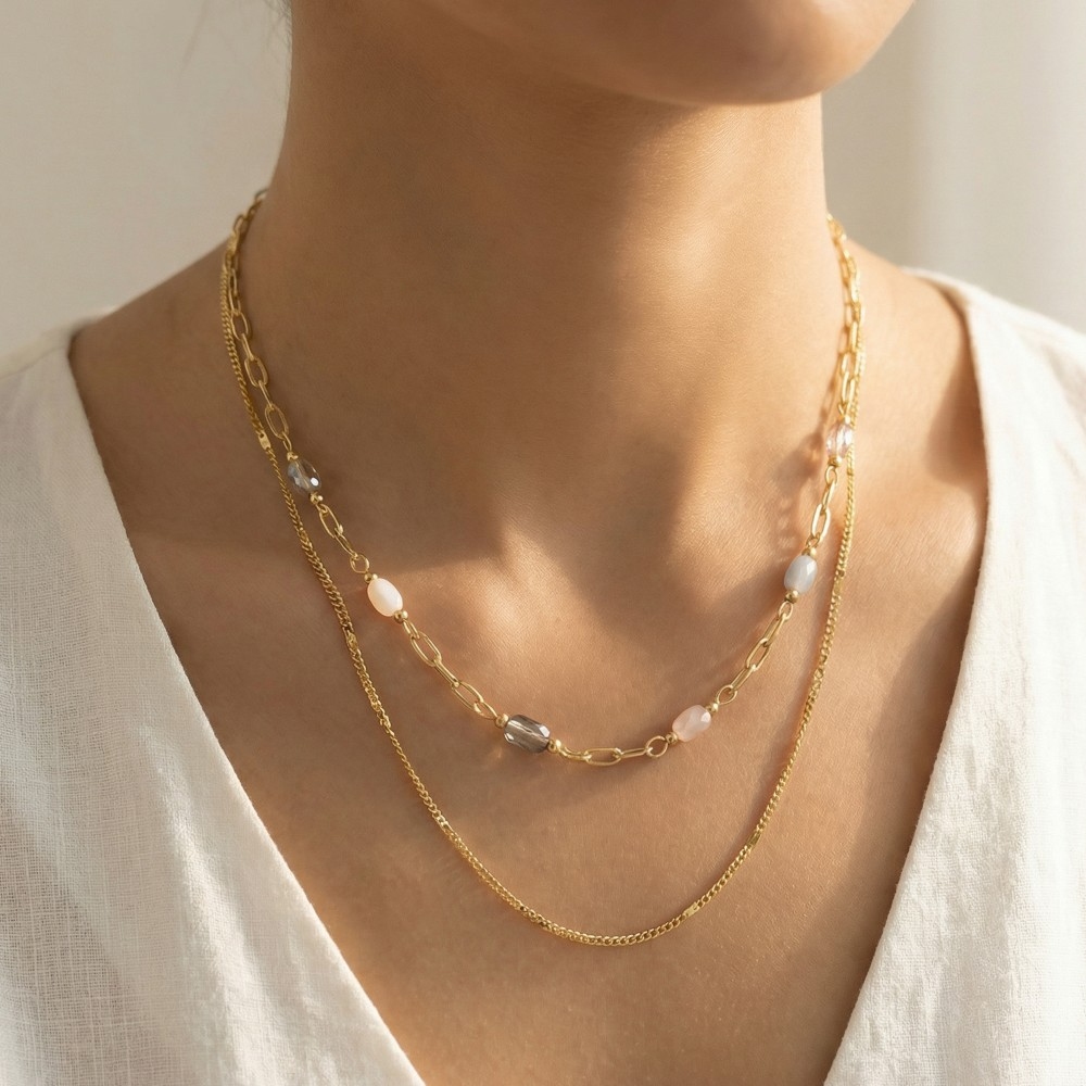 Faceted Rectangle Beads Layered Chain Necklace