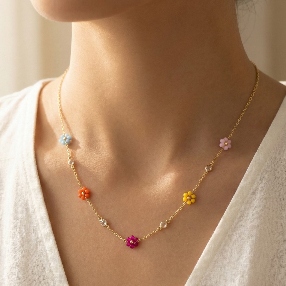 Faceted Beaded Flower Station Charms Beaded Necklace