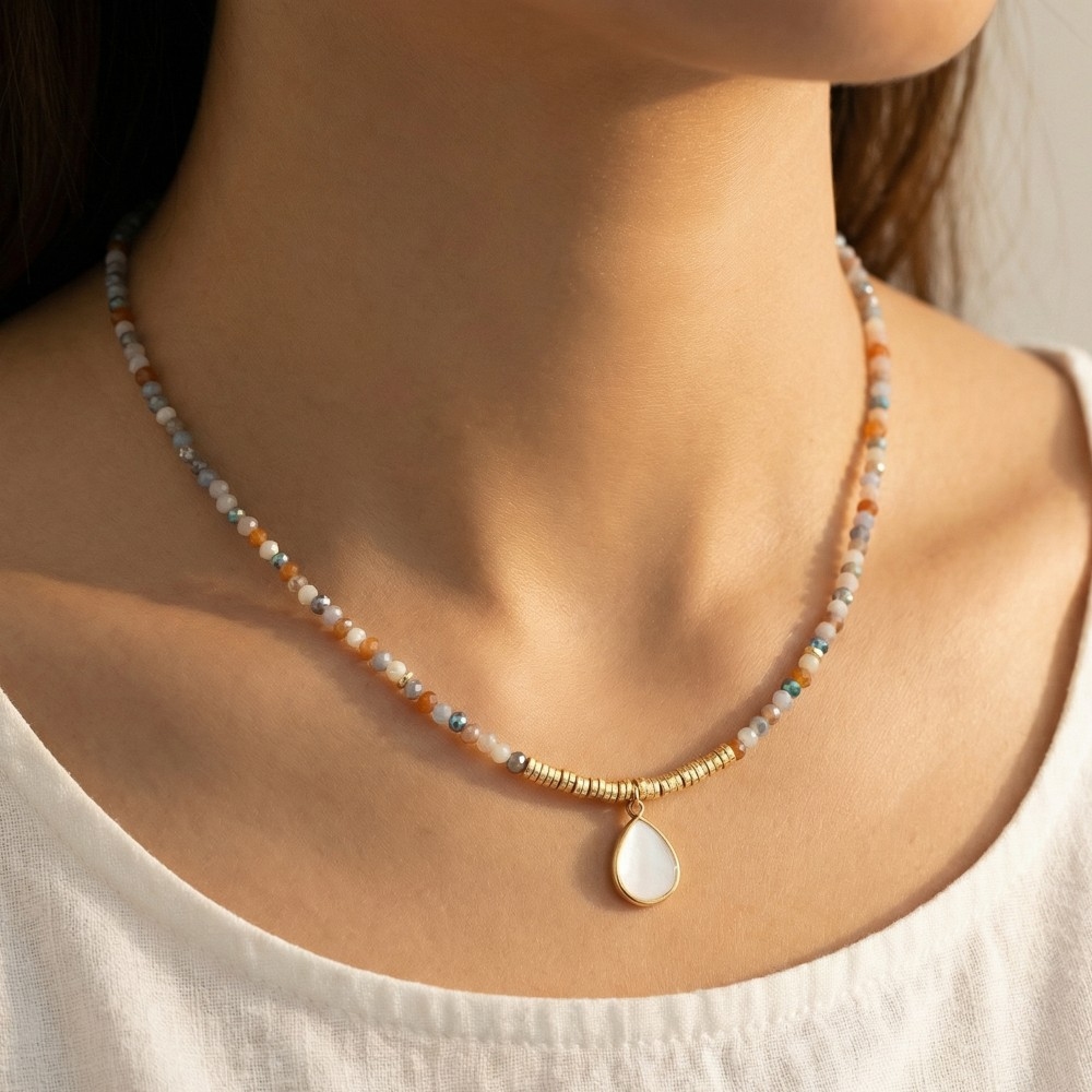 Mother Of Pearl Tear Charm Faceted Beaded Necklace