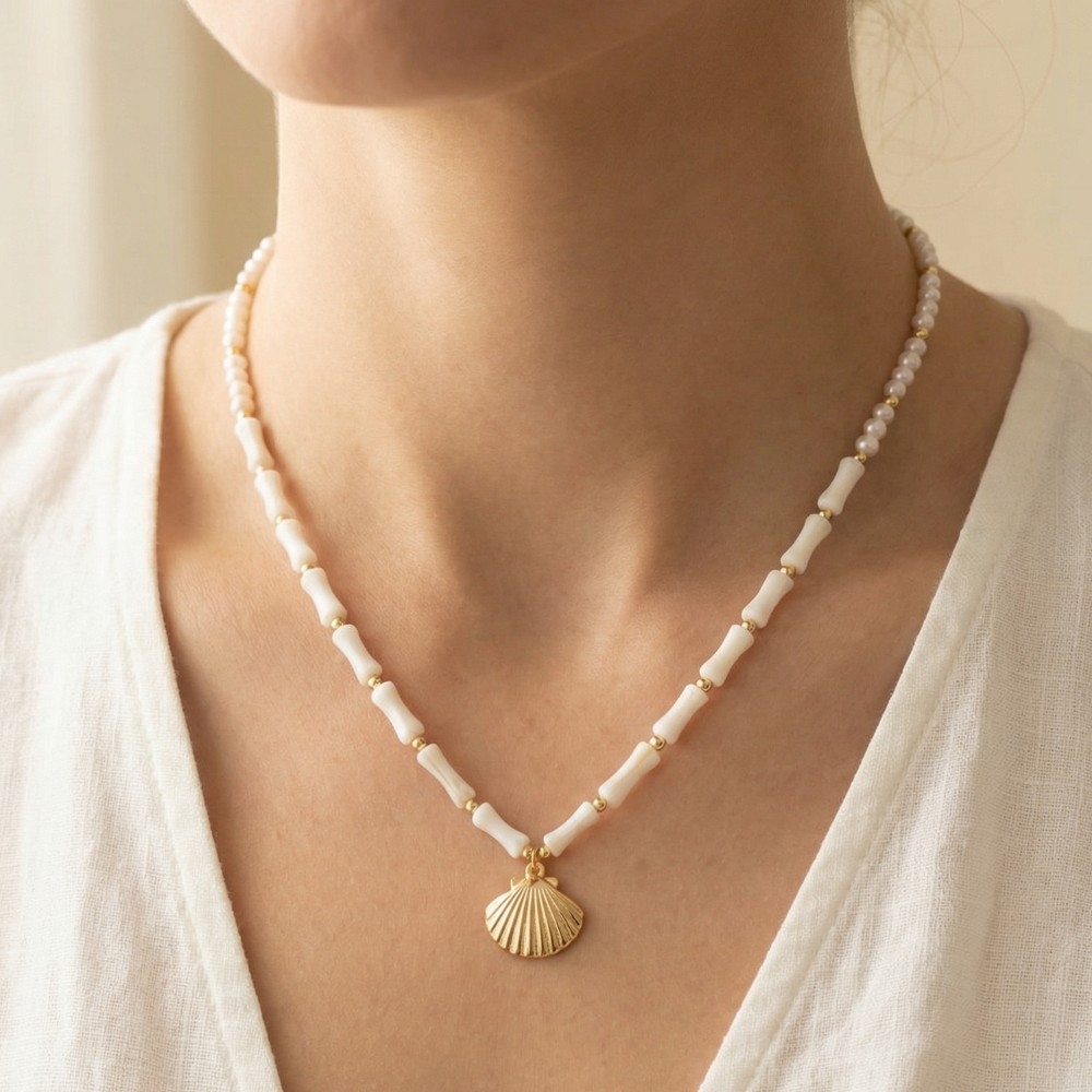 Sea Shell Charm Mother Of Pearl Mixed Beaded Necklace