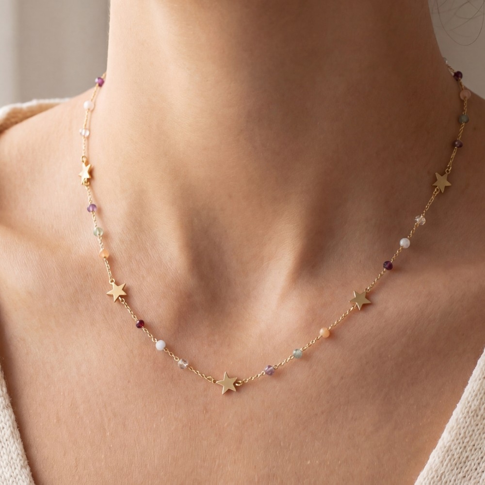 Gold Star Charm Beaded Chain Choker Necklace