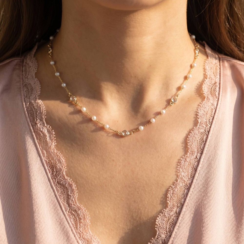 Pearl And Crystal Station Chain Necklace