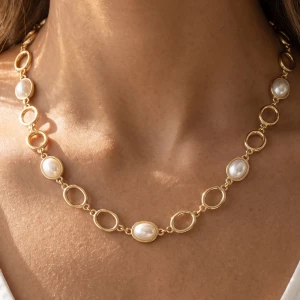 Oval Pearl Cabochon Open Link Necklace