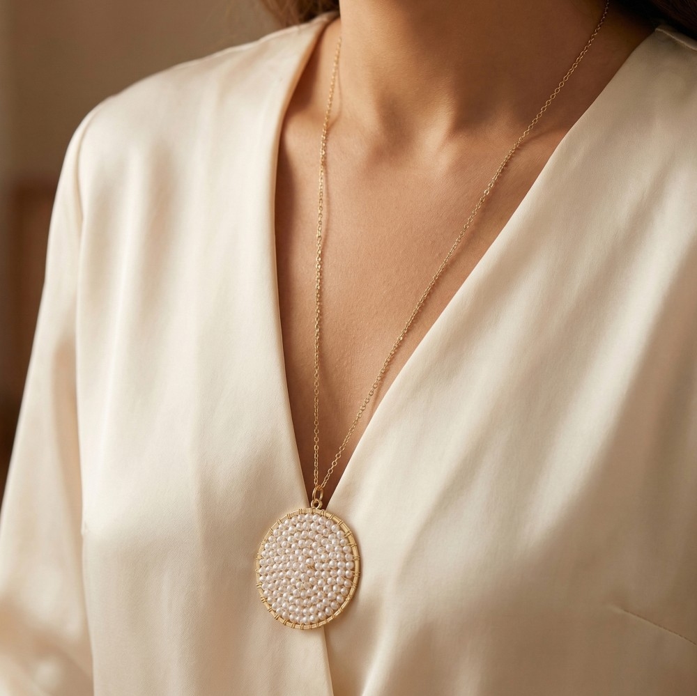 Glass Beaded Wire Disc Pendant Long Necklace