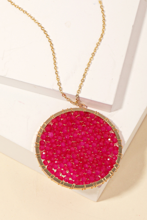 Glass Beaded Wire Disc Pendant Long Necklace