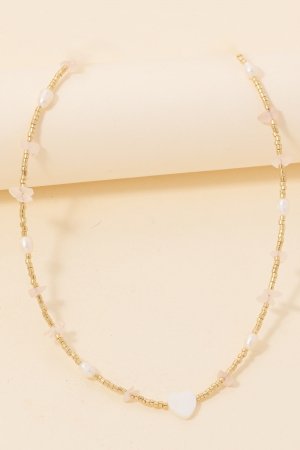 Shell Heart Pendant Pearl And Pebble Stone Beaded Necklace