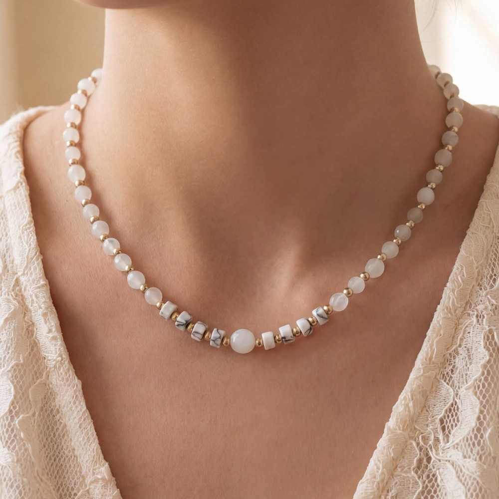 Semi Precious Stone And Metallic Beaded Necklace