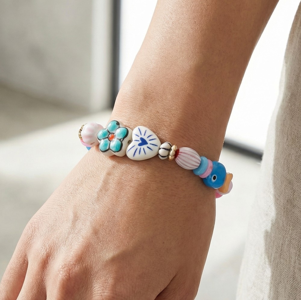 Ceramic Hearts And Flowers Beaded Bracelet