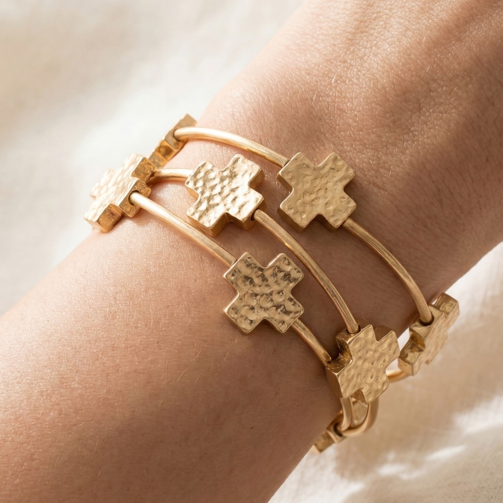 Hammered Cross Charms Layered Bracelet Set