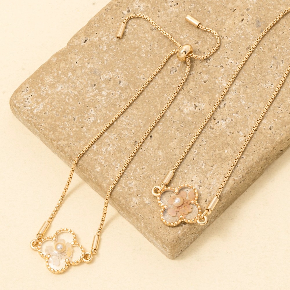 Pressed Flower Clover Charm Adjustable Bracelet