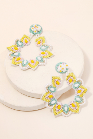 Floral Seed Beaded Circle Drop Earrings