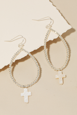 Seashell Cross Charm Beaded Tear Dangle Earrings