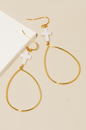 Seashell Cross Charm Tear Dangle Earrings