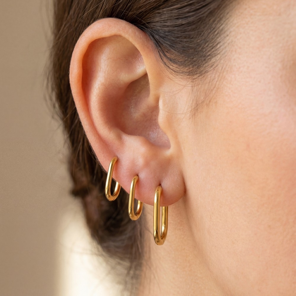 Stainless Steel Oval Hinge Hoop Earrings Set