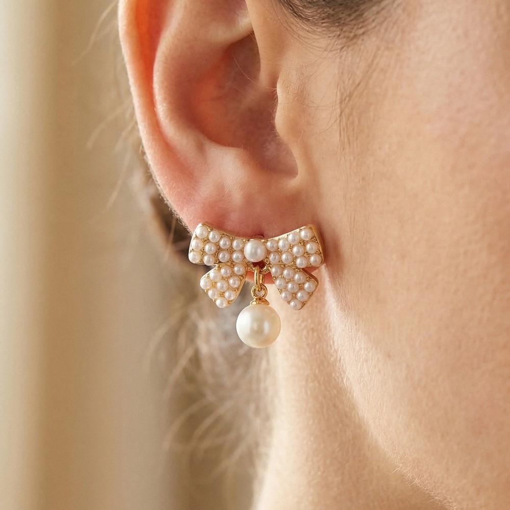 Pearl Pave Ribbon Bow Stud Earrings