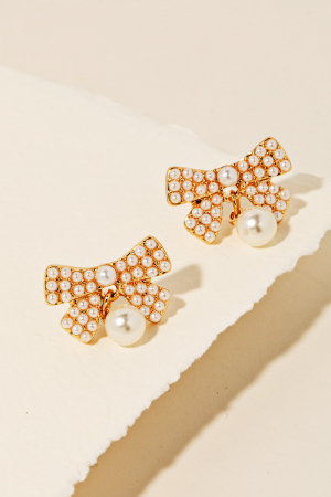 Pearl Pave Ribbon Bow Stud Earrings