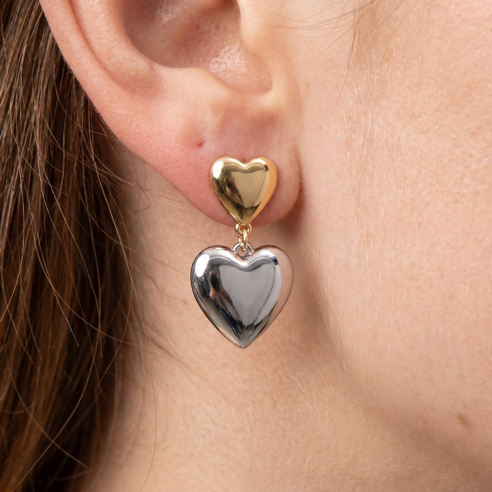 Two Tone Double Puffy Heart Drop Earrings