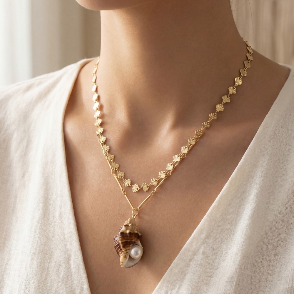 Sea Shell Pendant Layered Chains Necklace