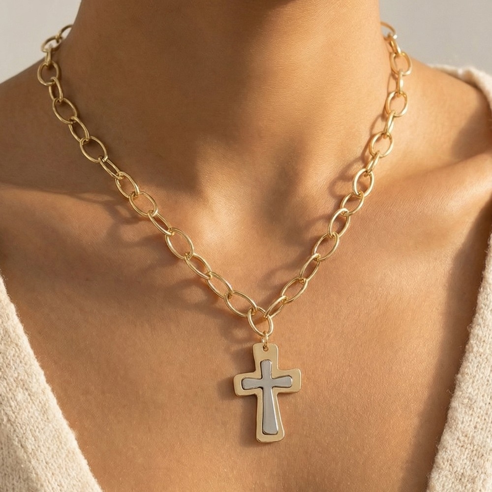 Flat Hammered Cross Pendant Necklace