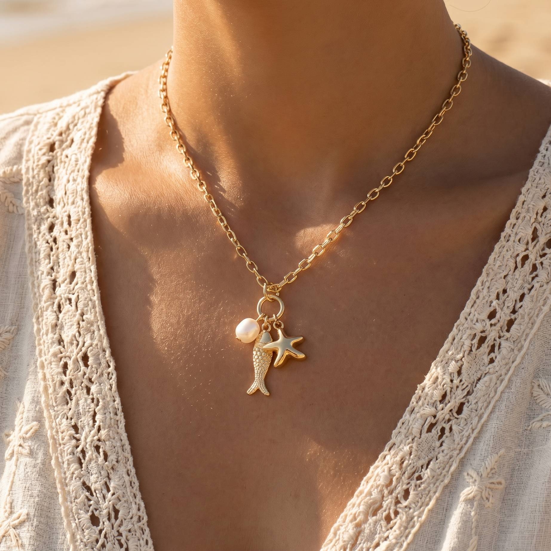 Fish Pearl And Starfish Pendants Necklace