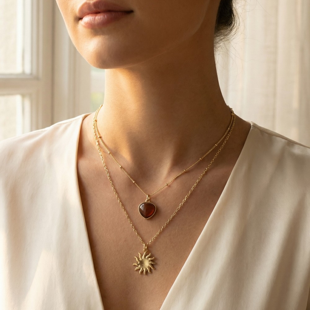 Stone And Sun Pendants Layered Chains Necklace