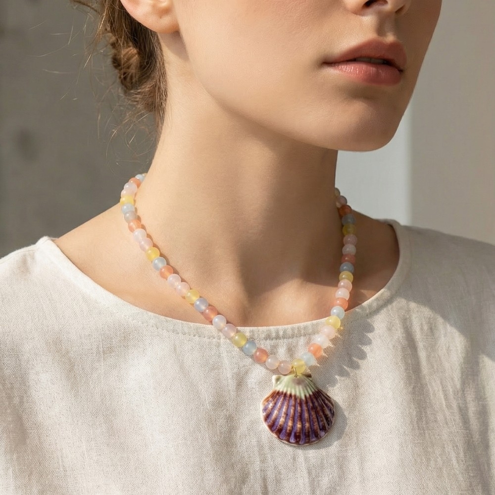 Ceramic Sea Shell Pendant Colorful Beaded Necklace