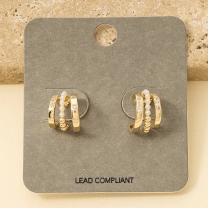 Mini Three Line Pearl Bead Hoop Earrings