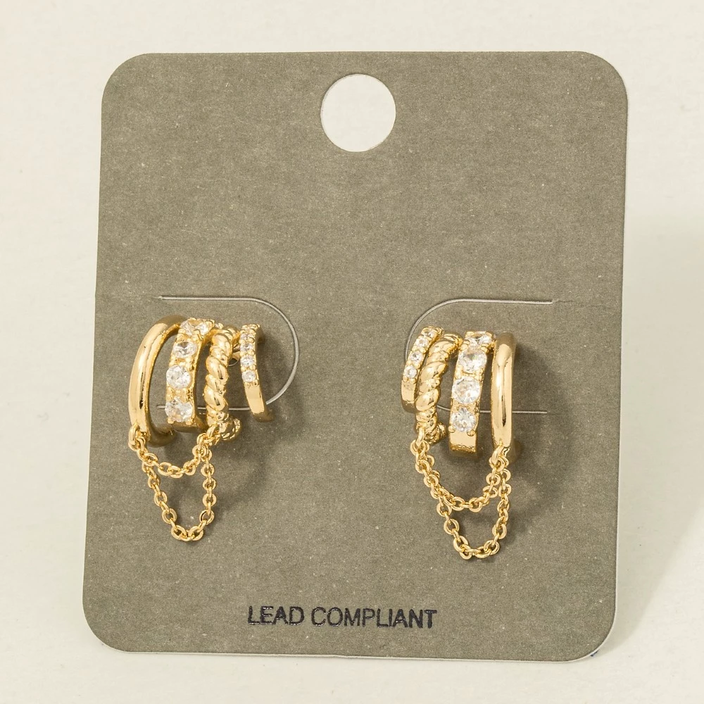 Stacked Cz Pave Chain Drape Triple Hoop Earrings