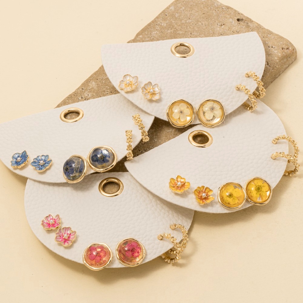 Three Pair Resin Pressed Flower Earrings Set