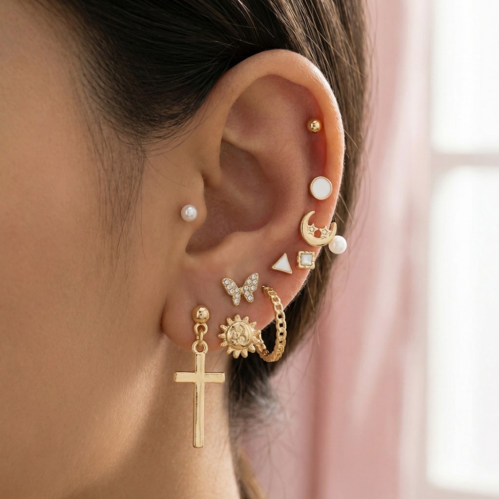 Mixed Pearls And Cross Earrings Set