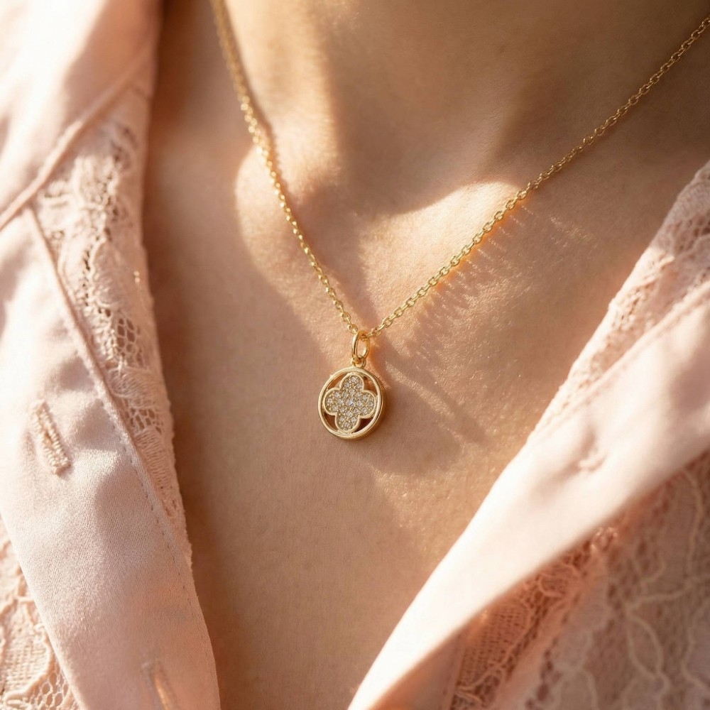 Cubic Zirconia Clover Disc Pendant Necklace