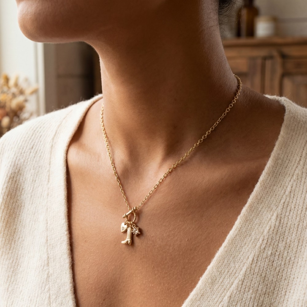 Western Cowboy Boot And Heart Charms Chain Necklace