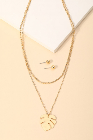 Layered Chain Link Monstera Leaf Pendant Necklace Set