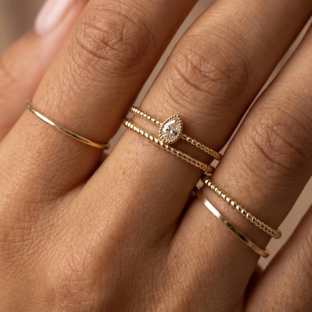 Five Piece Cz Bezel Pear Stone Stacking Ring Set