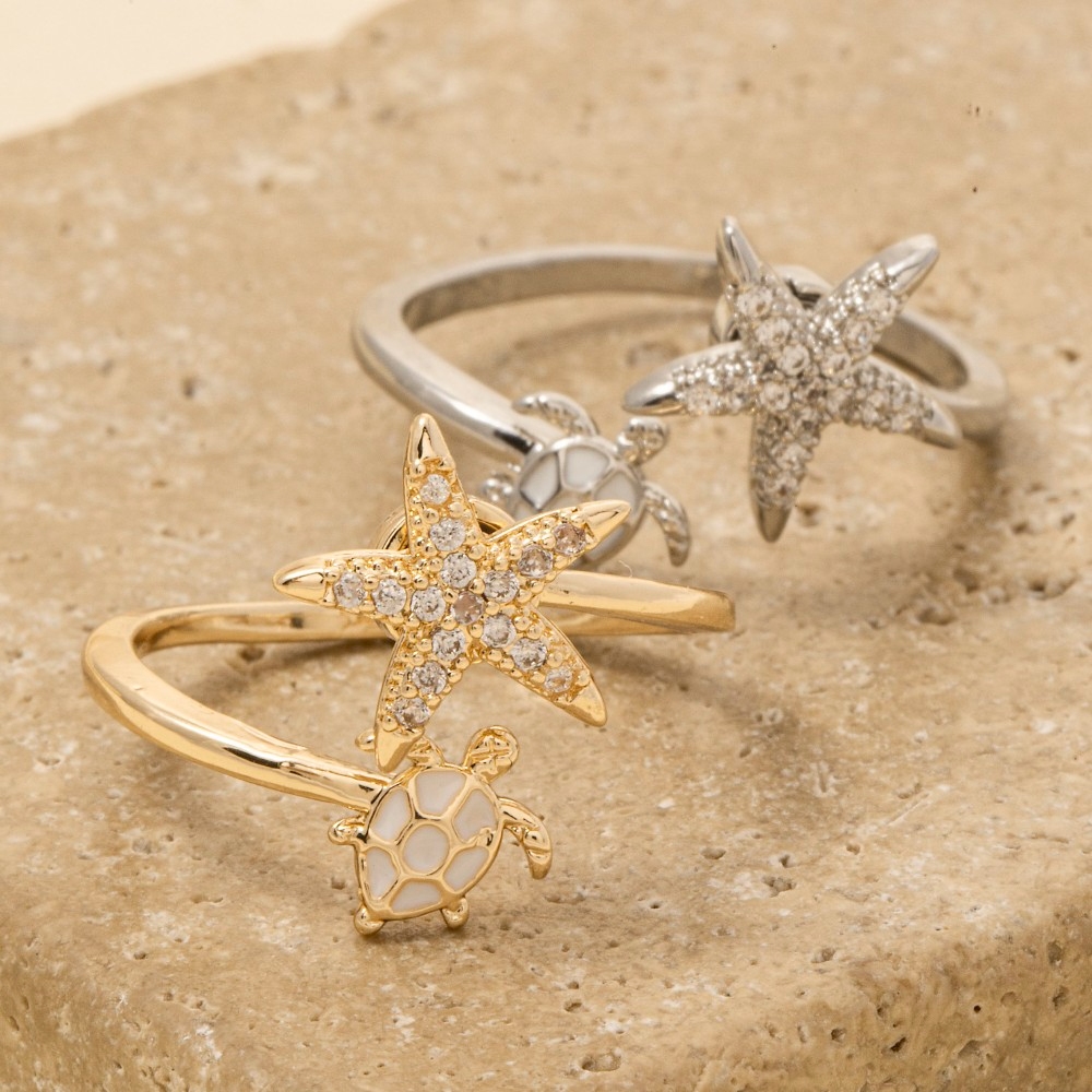 Cz Sea Life Starfish And Turtle Open Ring