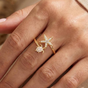 Cz Sea Life Starfish And Turtle Open Ring