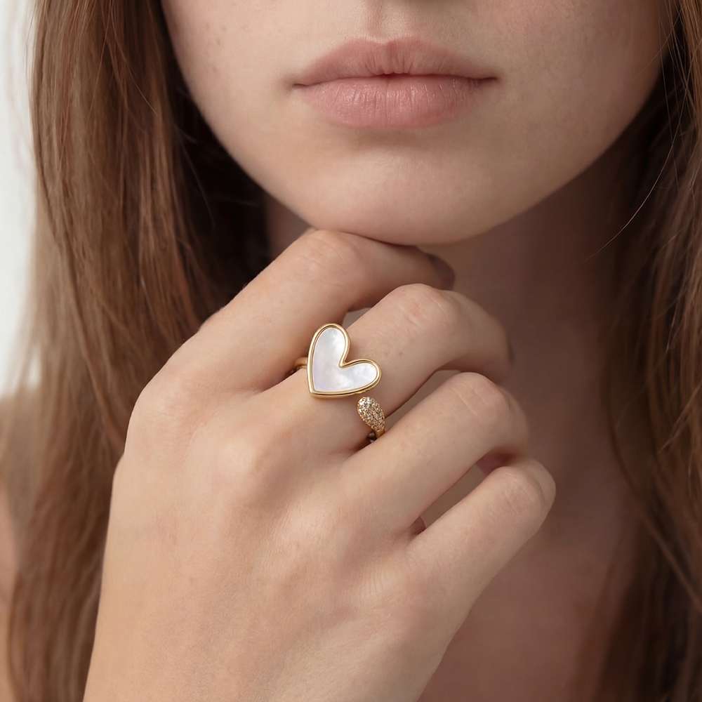 Gold Dipped Cz And Mother Of Pearl Heart Open Band Ring