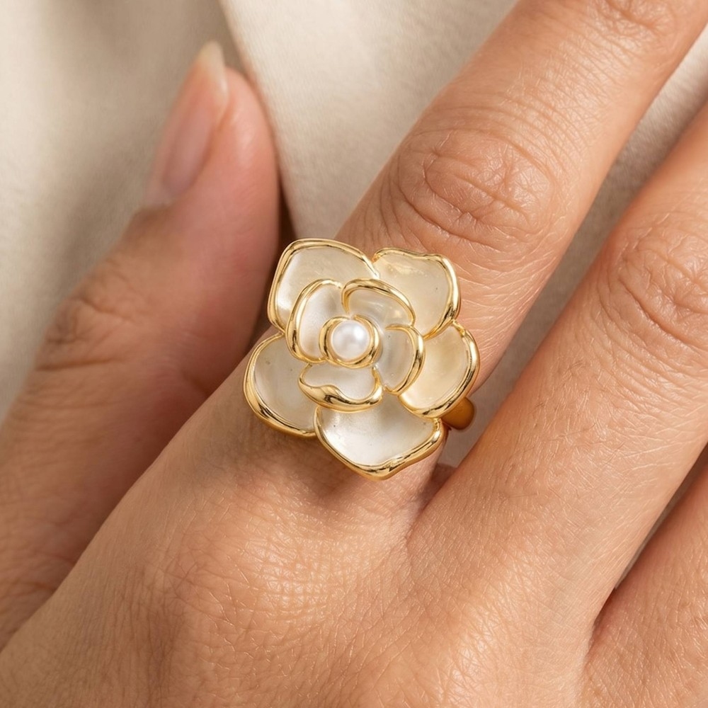 Large Enamel Rose Flower Ring With Pearl Center