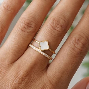 Mother Of Pearl Clover Cz Pave Double Band Ring