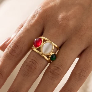 Oval Cabochon Three Stone Open Cuff Ring