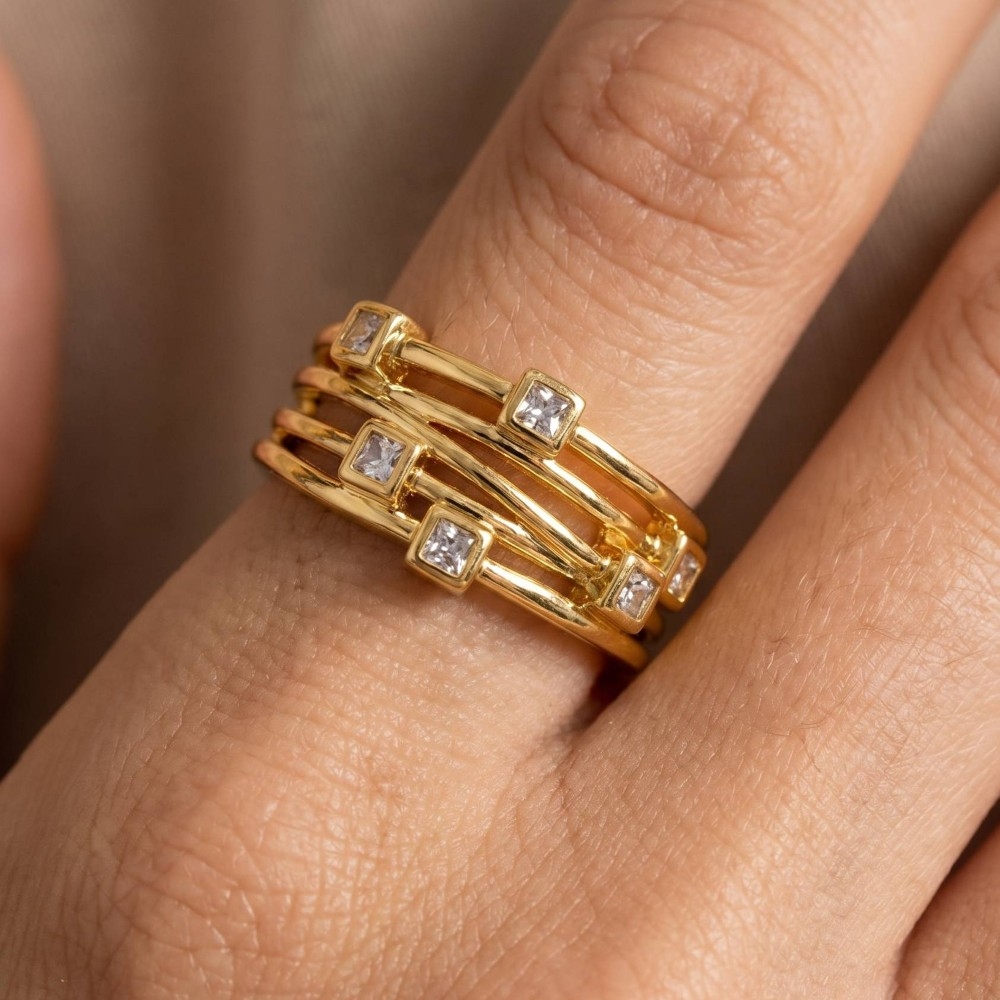 Multi-Band Square Cz Station Open Cuff Ring