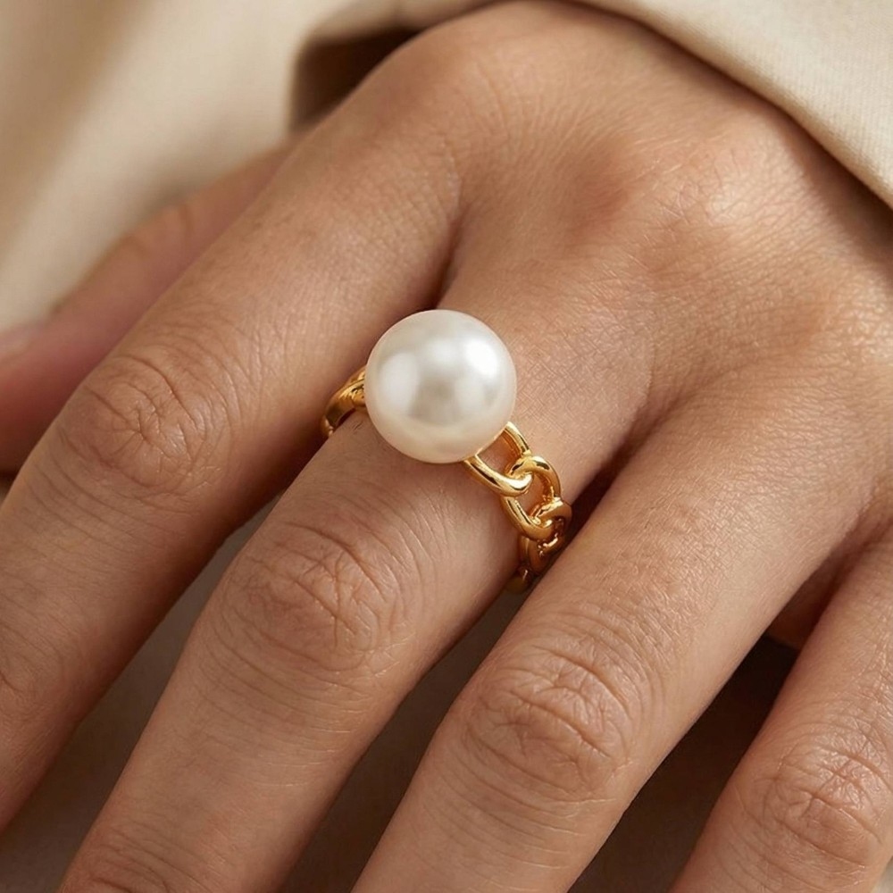 Pearl Stud Metallic Chain Open Band Ring