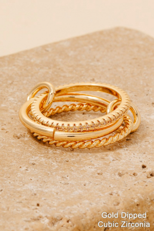 Gold Dipped Cz Studded Layered Linked Band Rings Set